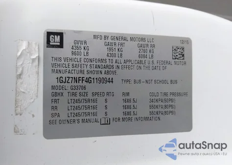 2016 GMC Savana 3500 Ls z USA, uszkodzony, nr VIN 1GJZ7NFF4G1190944